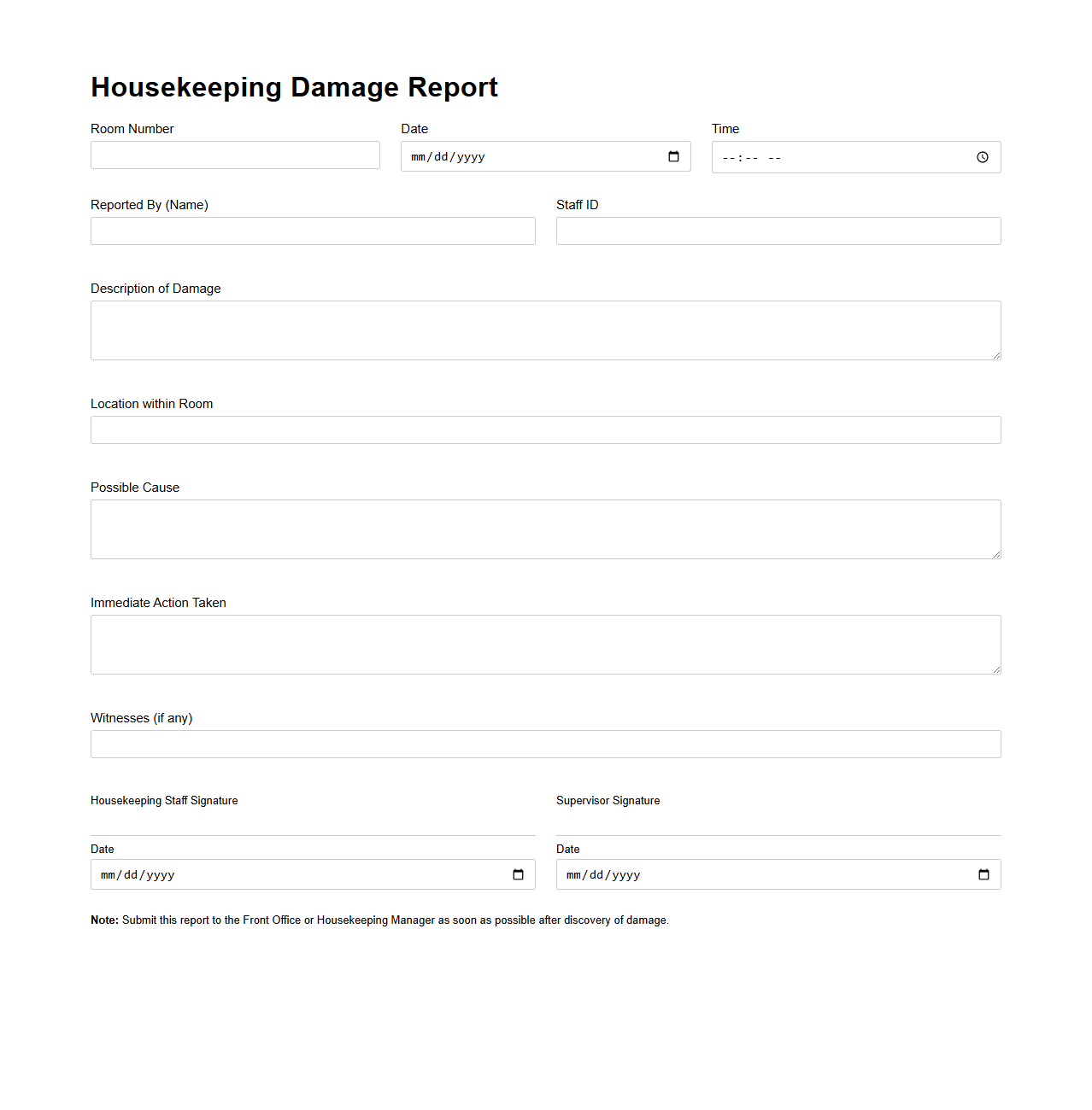 Housekeeping Damage Report Sample for Hotel Rooms