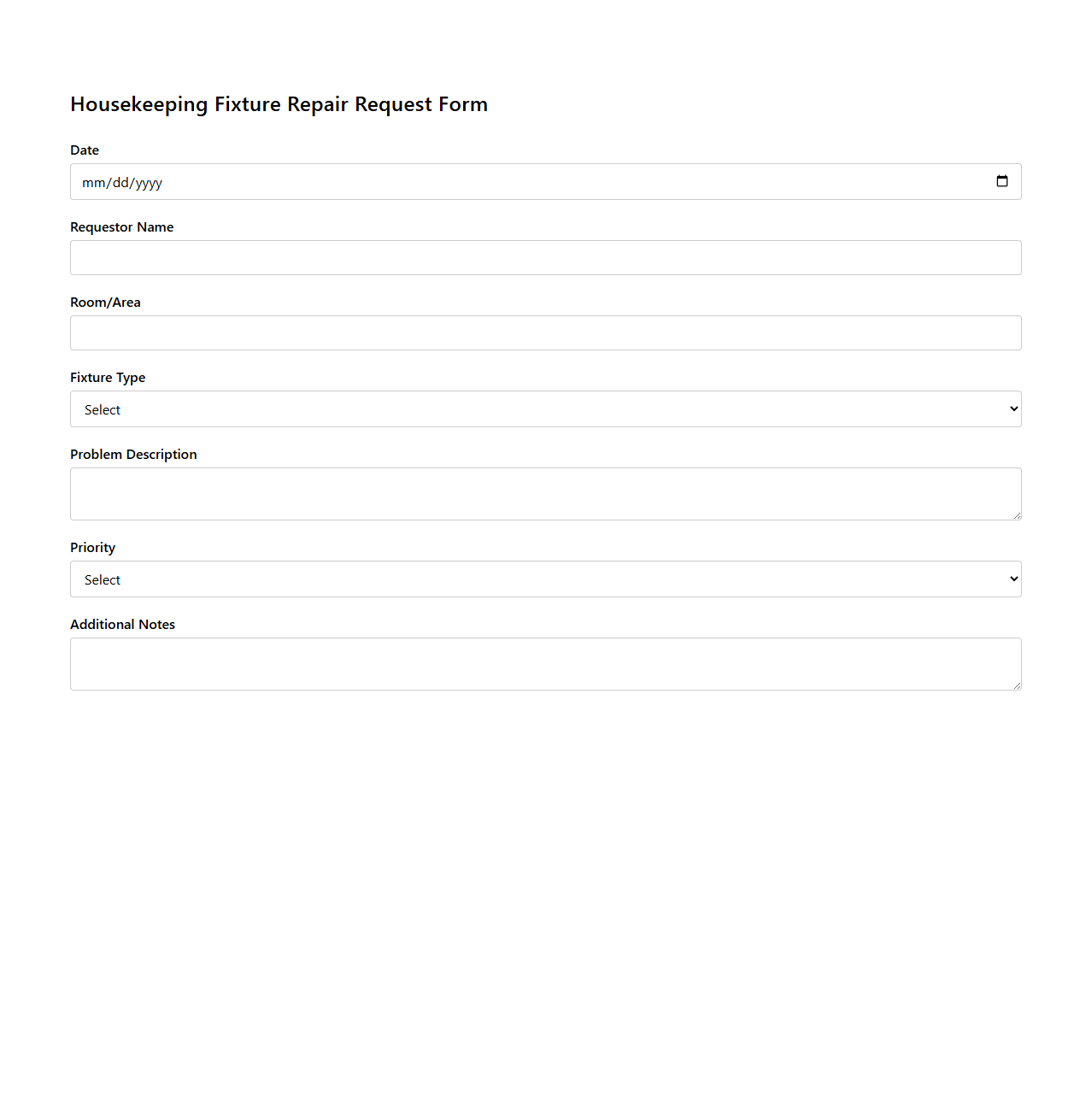 Housekeeping Fixture Repair Request Form