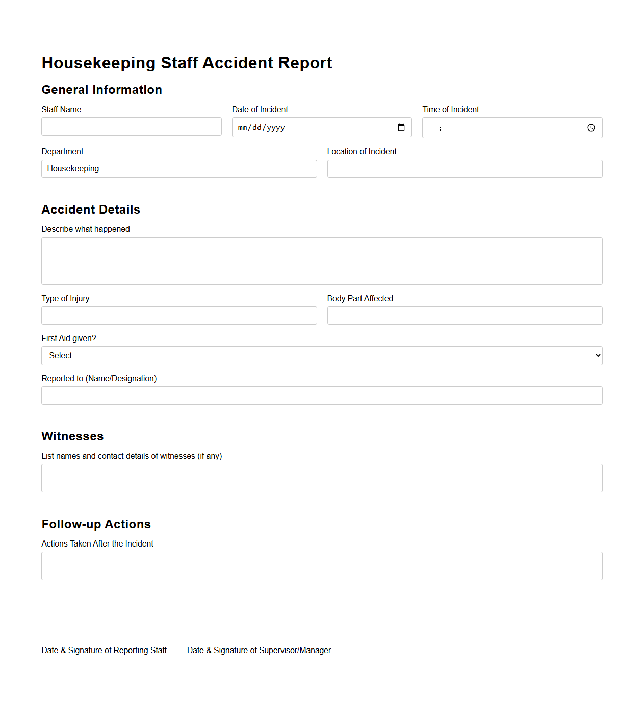 Housekeeping Staff Accident Report Document for Hotels