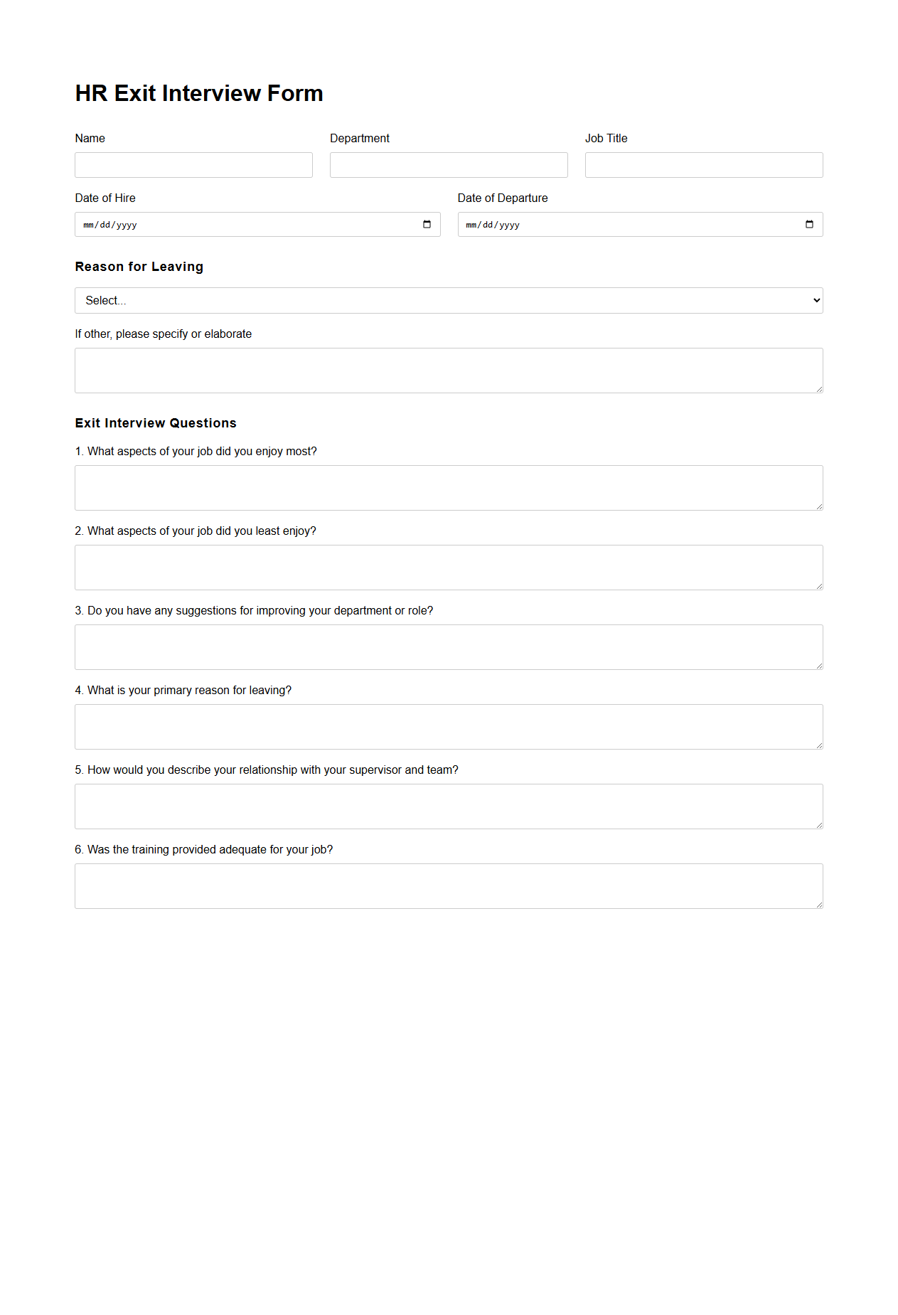 HR Exit Interview Form for Departing Staff