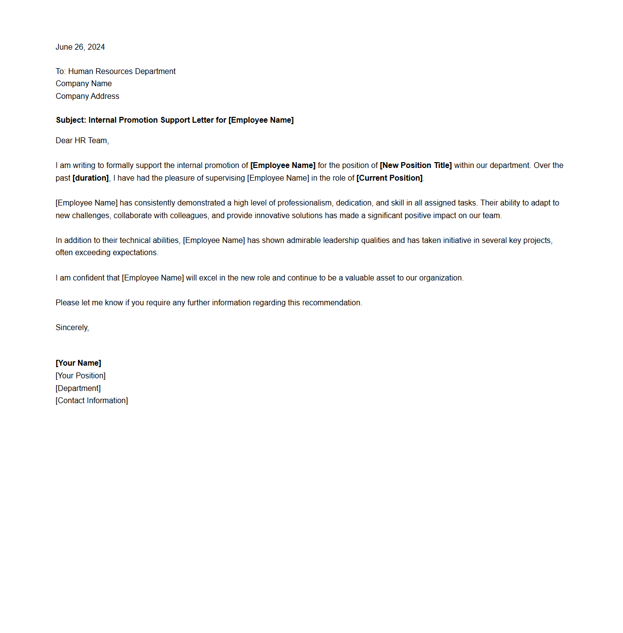 HR Internal Promotion Support Letter Sample