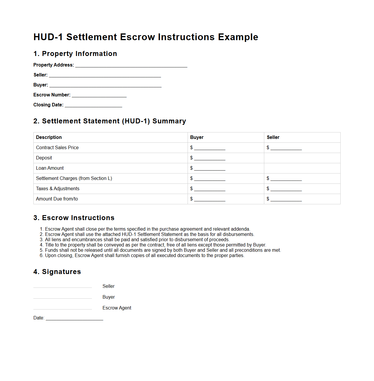 HUD-1 Settlement Escrow Instructions Example