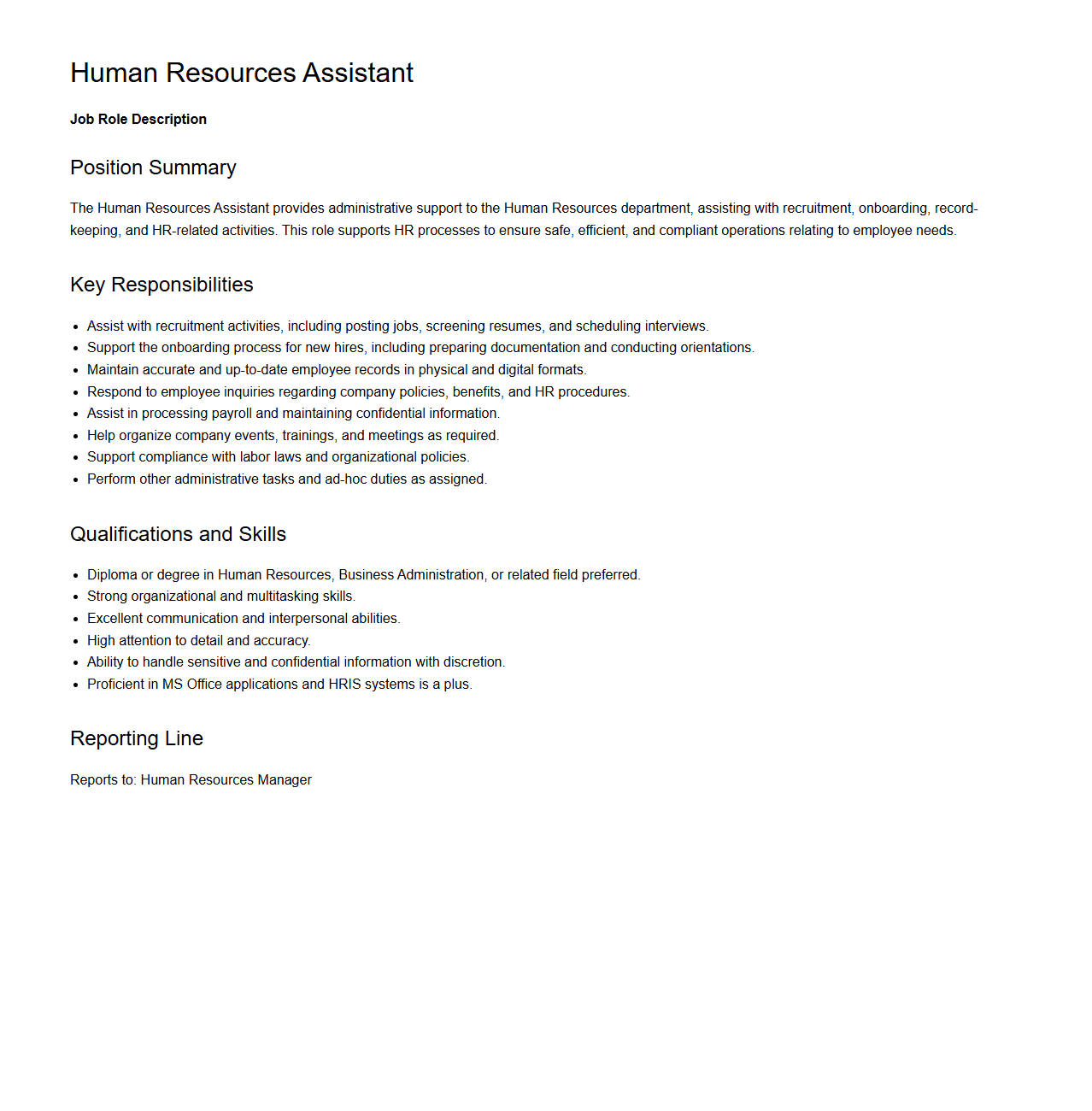 Human Resources Assistant Job Role Description