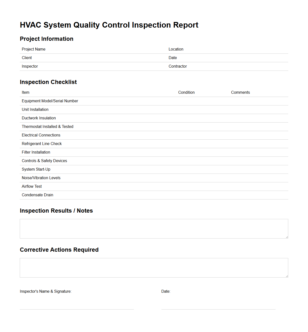 HVAC System Quality Control Inspection Report