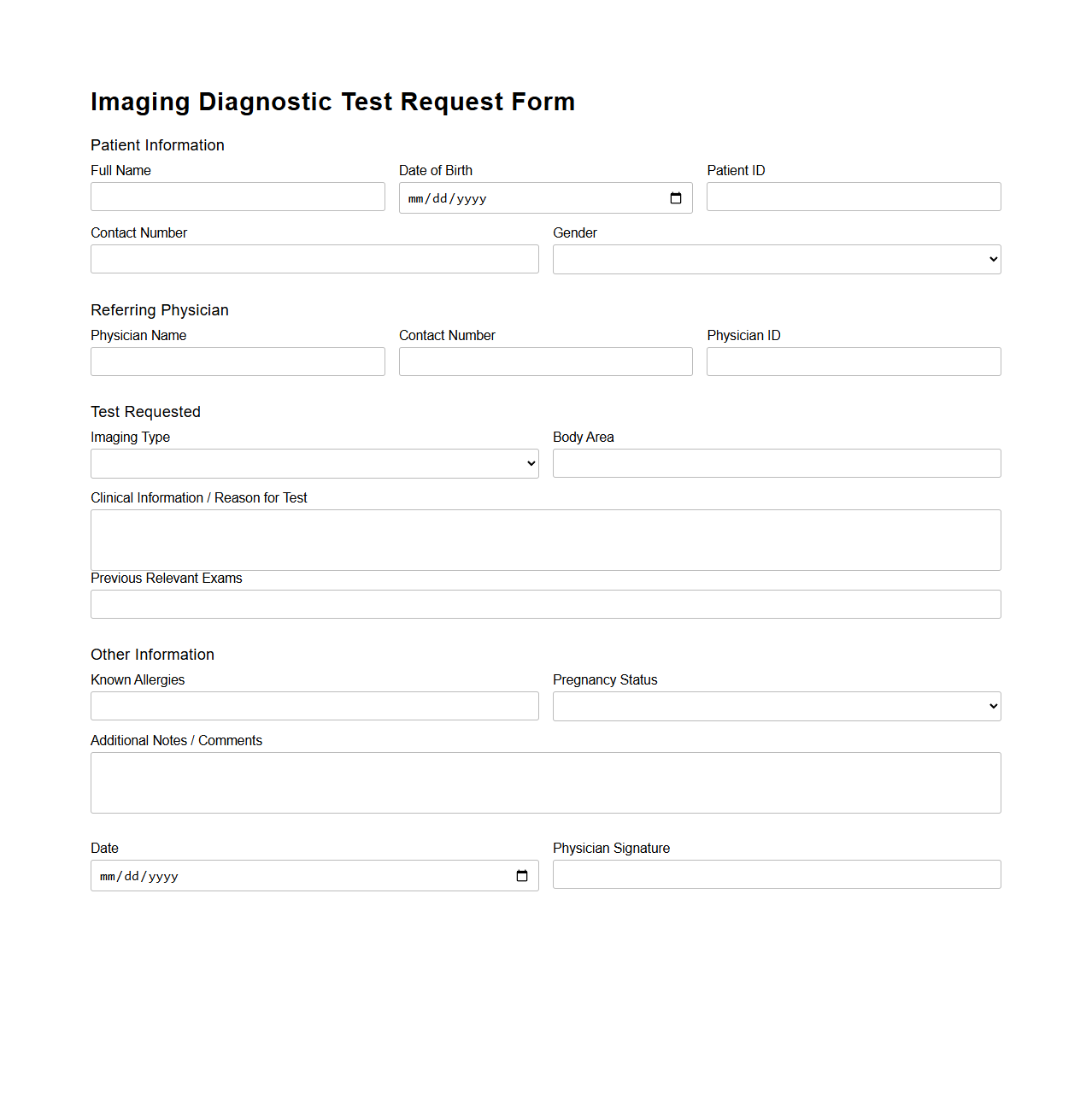 Imaging Diagnostic Test Request Form