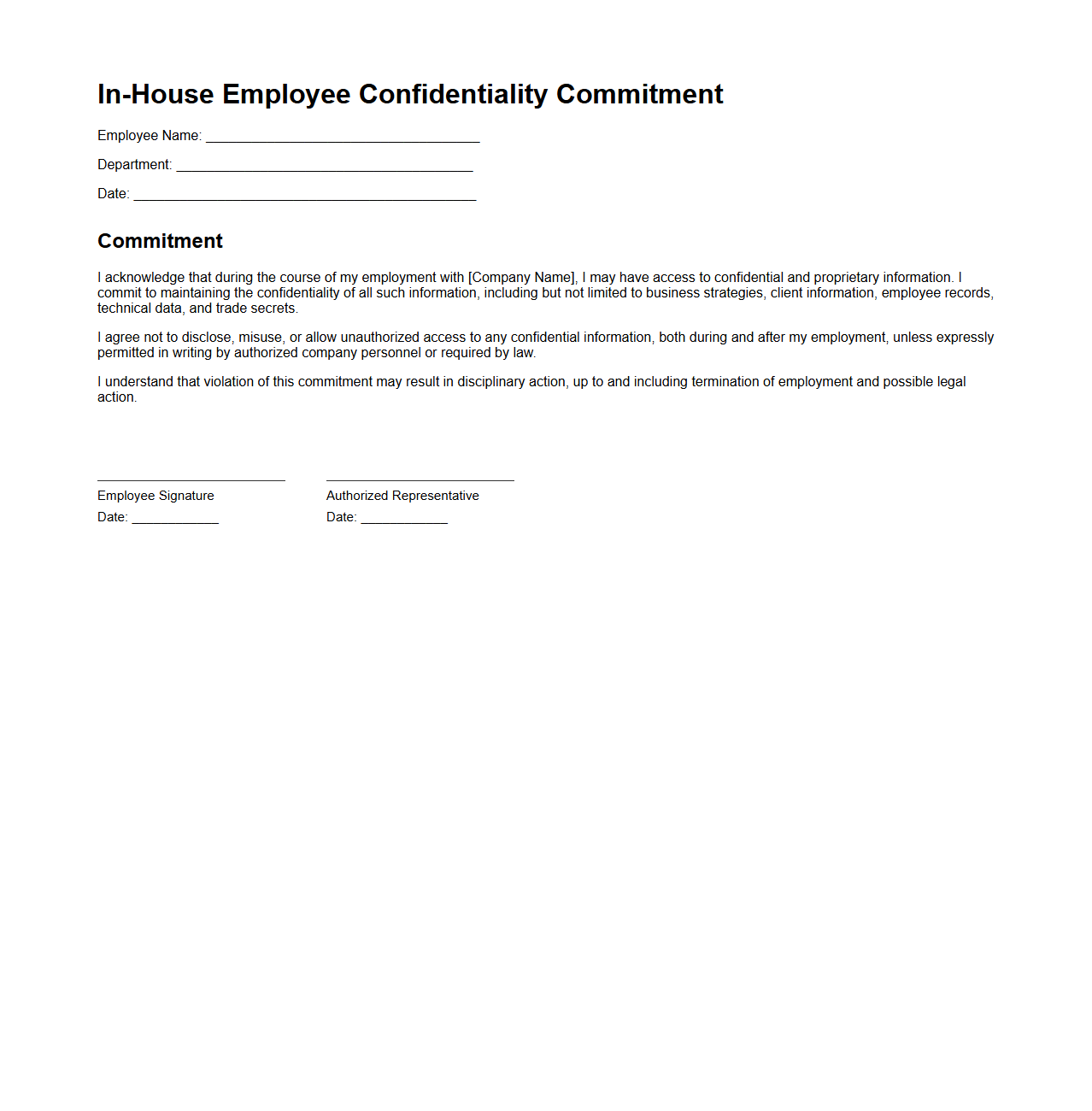 In-House Employee Confidentiality Commitment Document