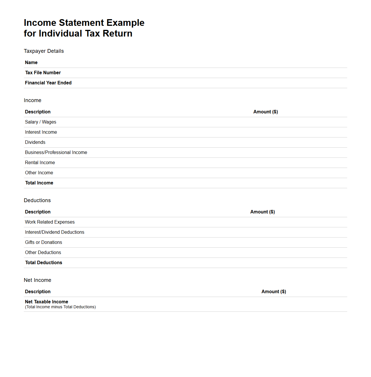 Income Statement Example for Individual Tax Return