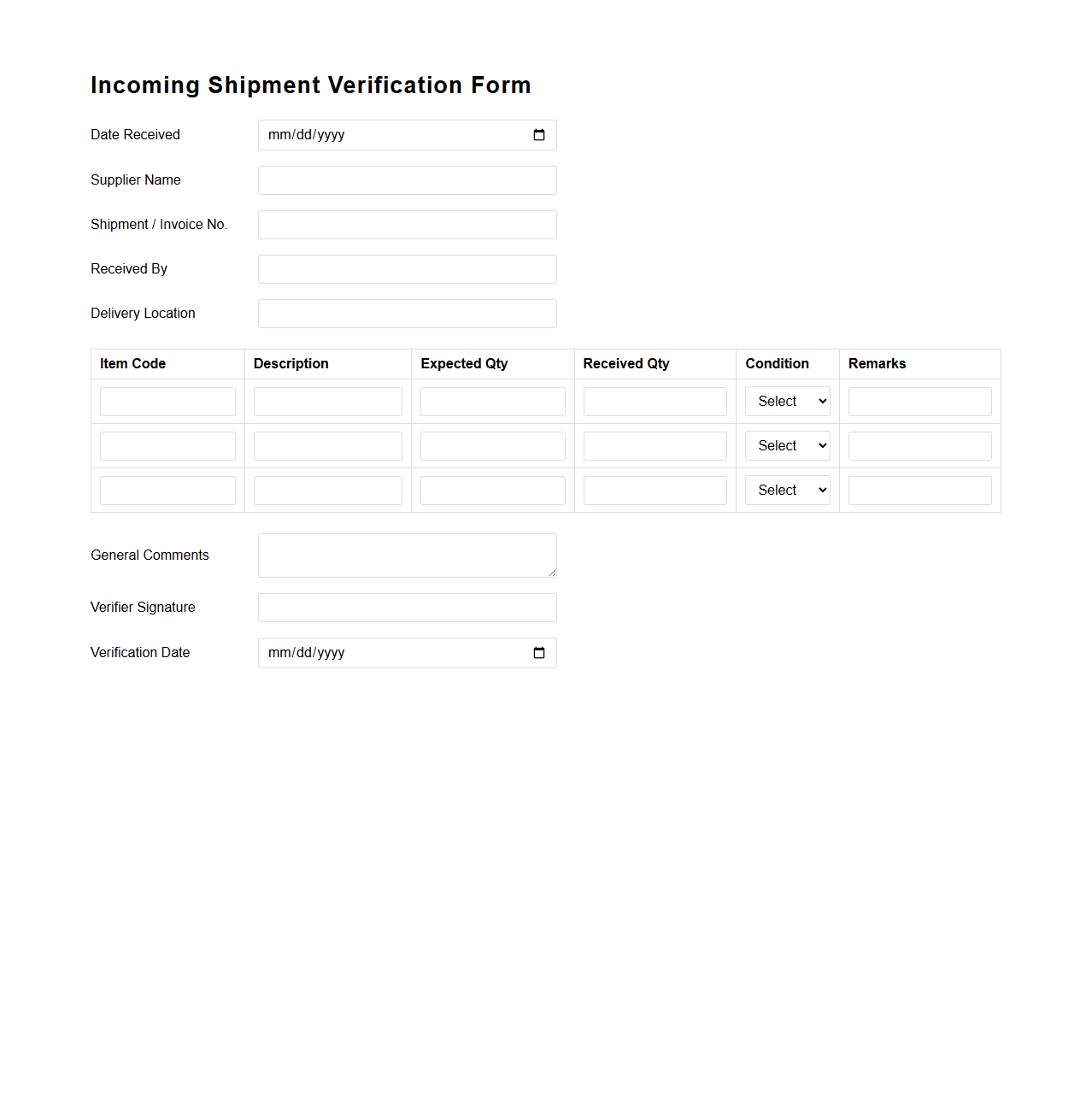 Incoming Shipment Verification Form for Retail