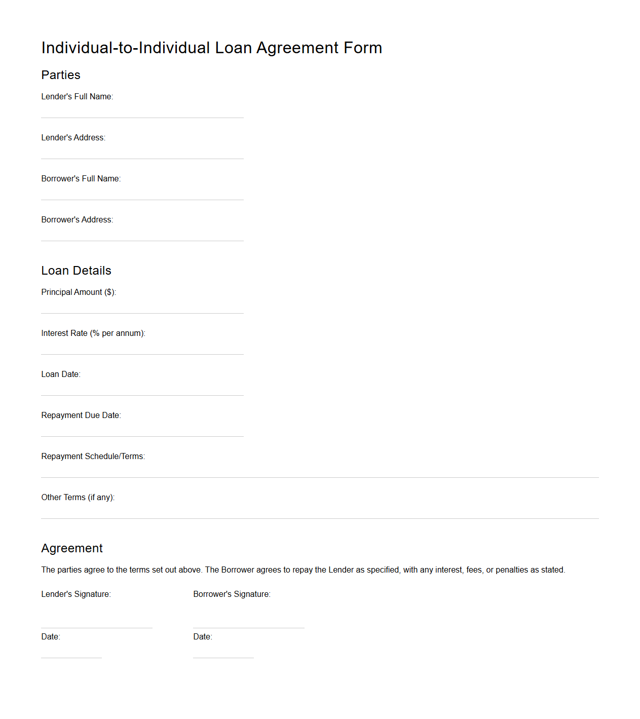 Individual-to-Individual Loan Agreement Form