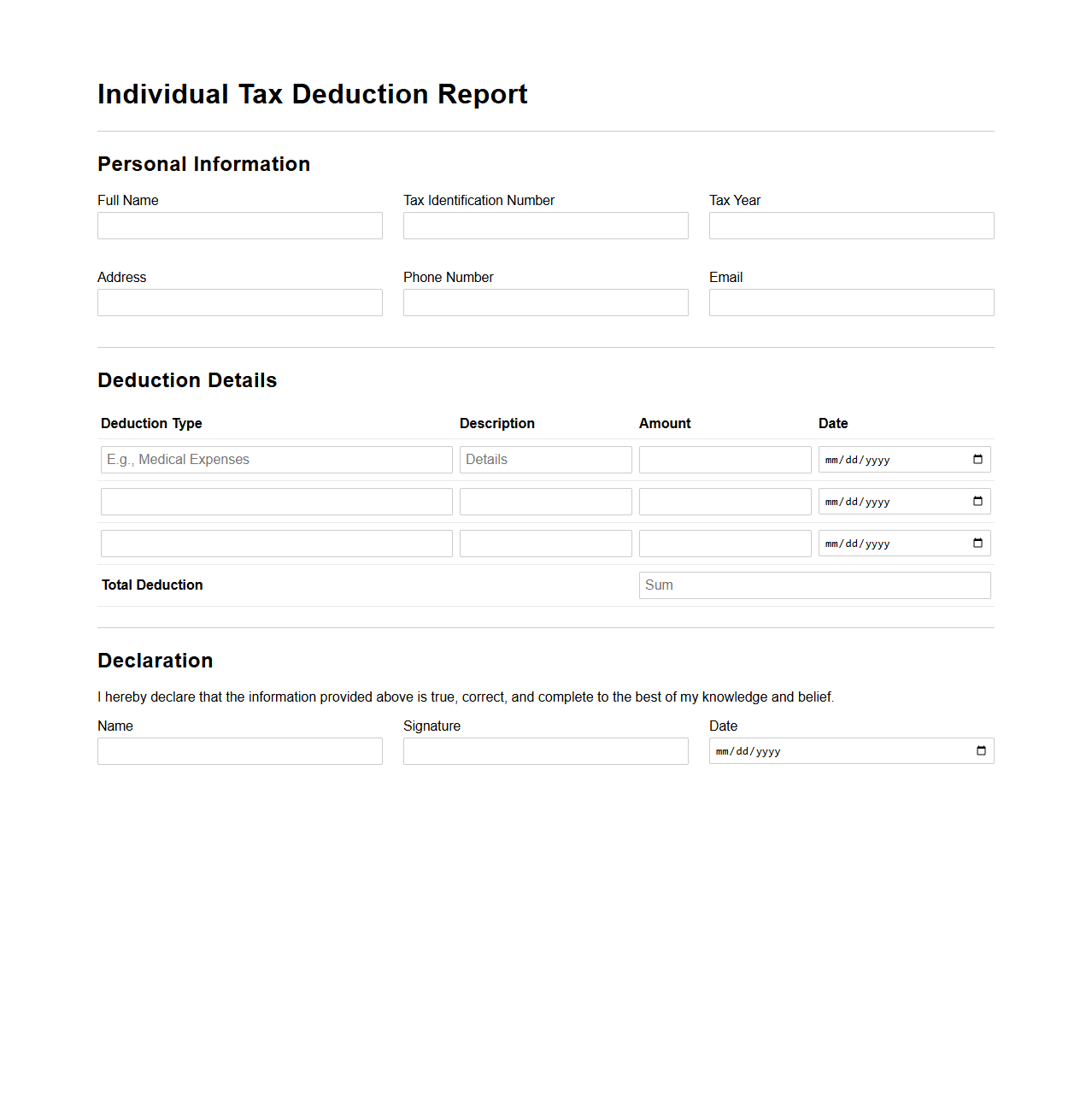 Individual Tax Deduction Report Template