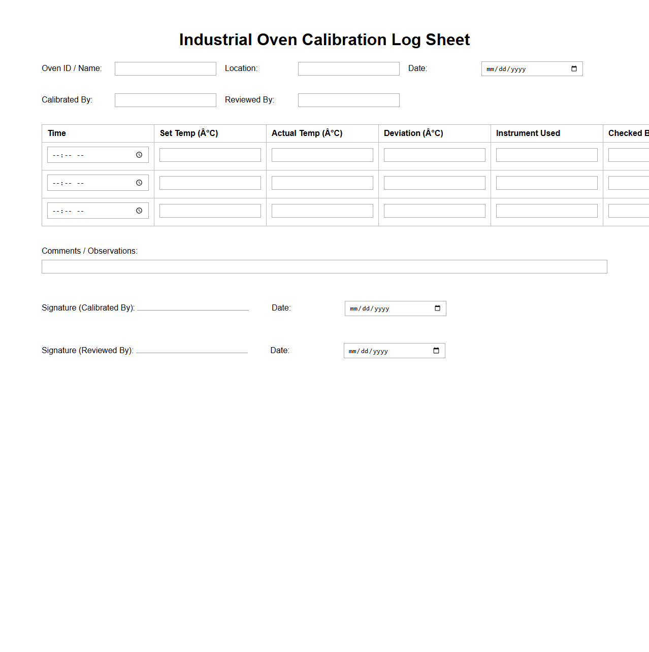 Industrial Oven Calibration Log Sheet Example