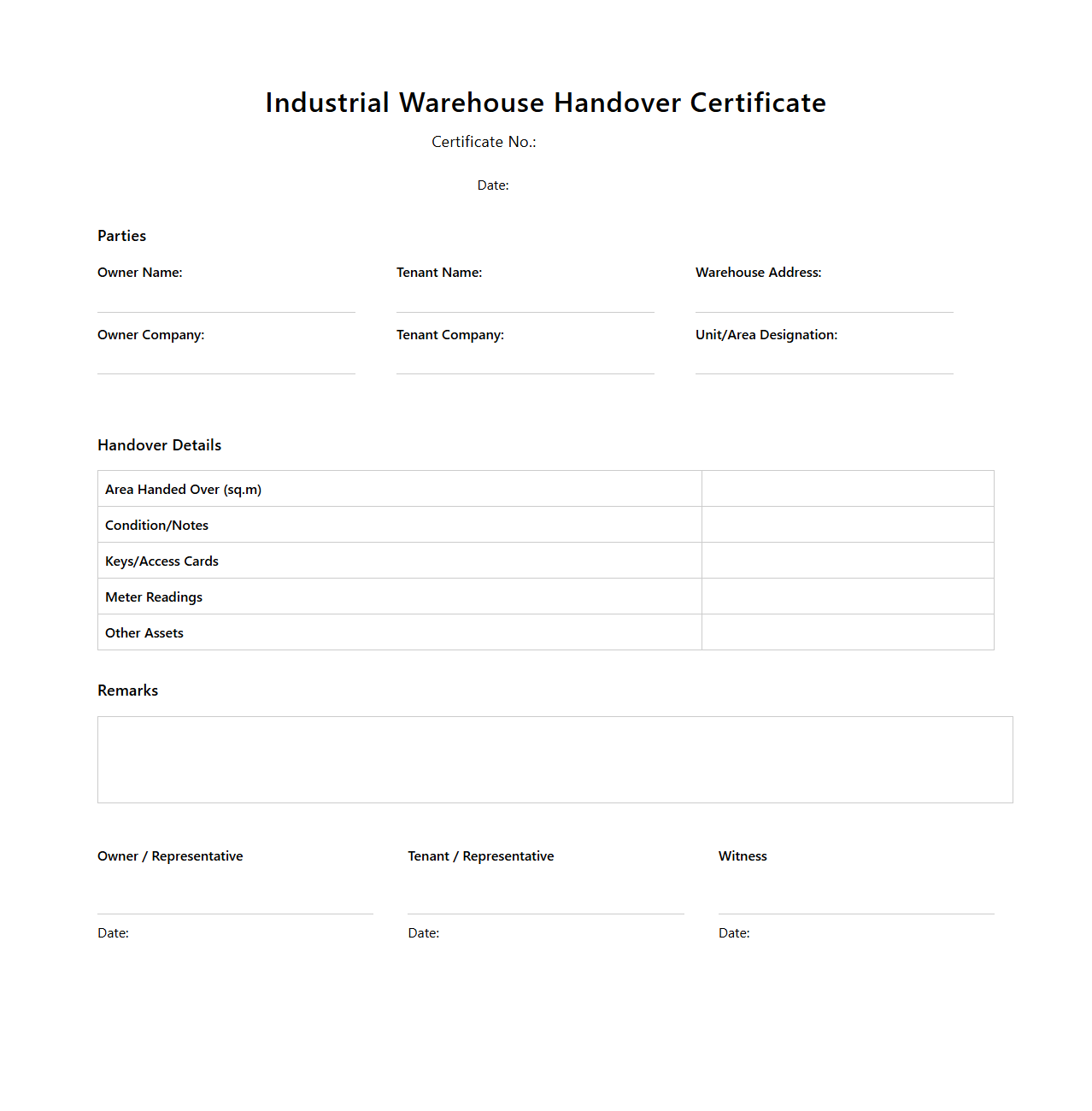 Industrial Warehouse Handover Certificate Layout