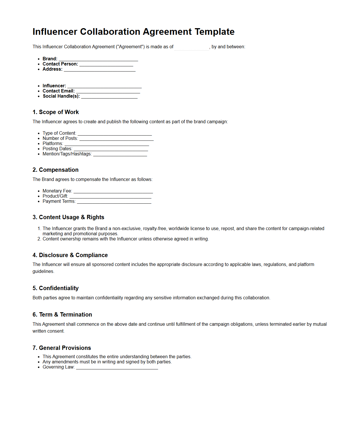 Influencer Collaboration Agreement Template for Brand Campaigns