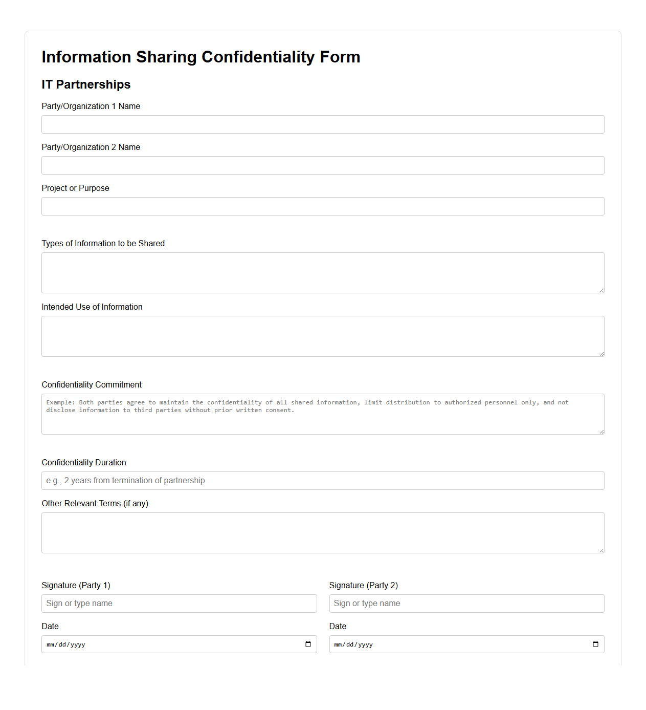 Information Sharing Confidentiality Form for IT Partnerships