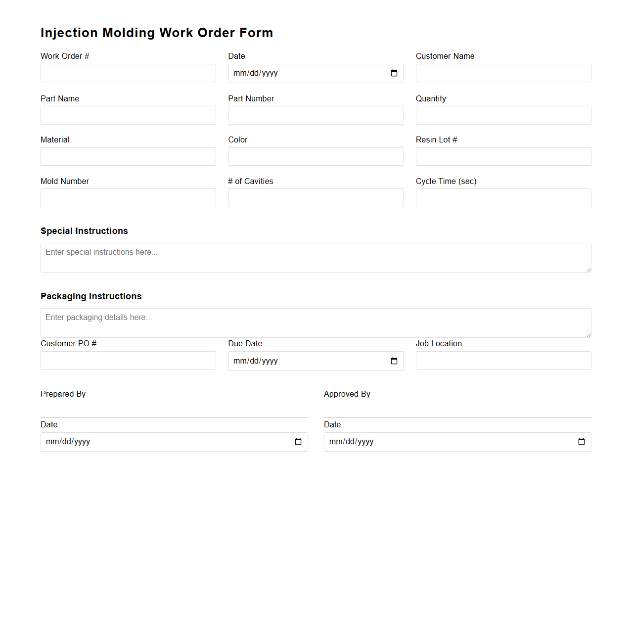 Injection Molding Work Order Form