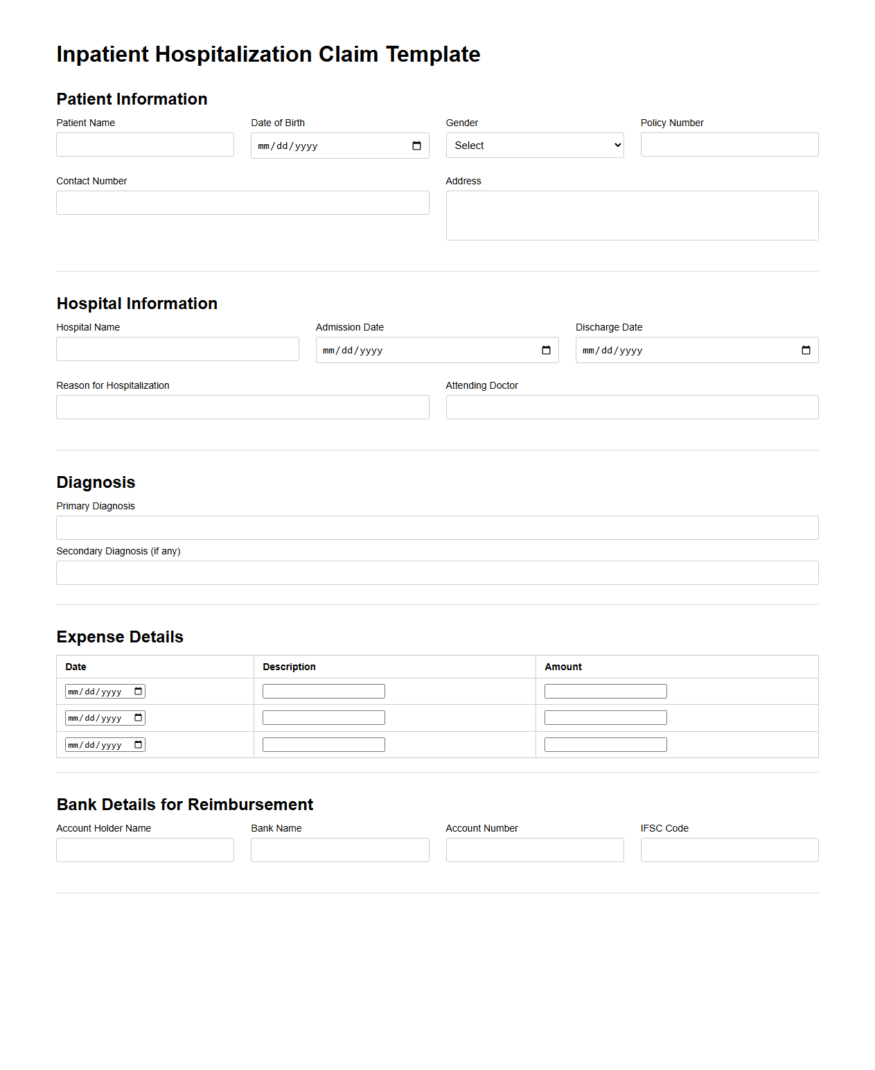 Inpatient Hospitalization Claim Template