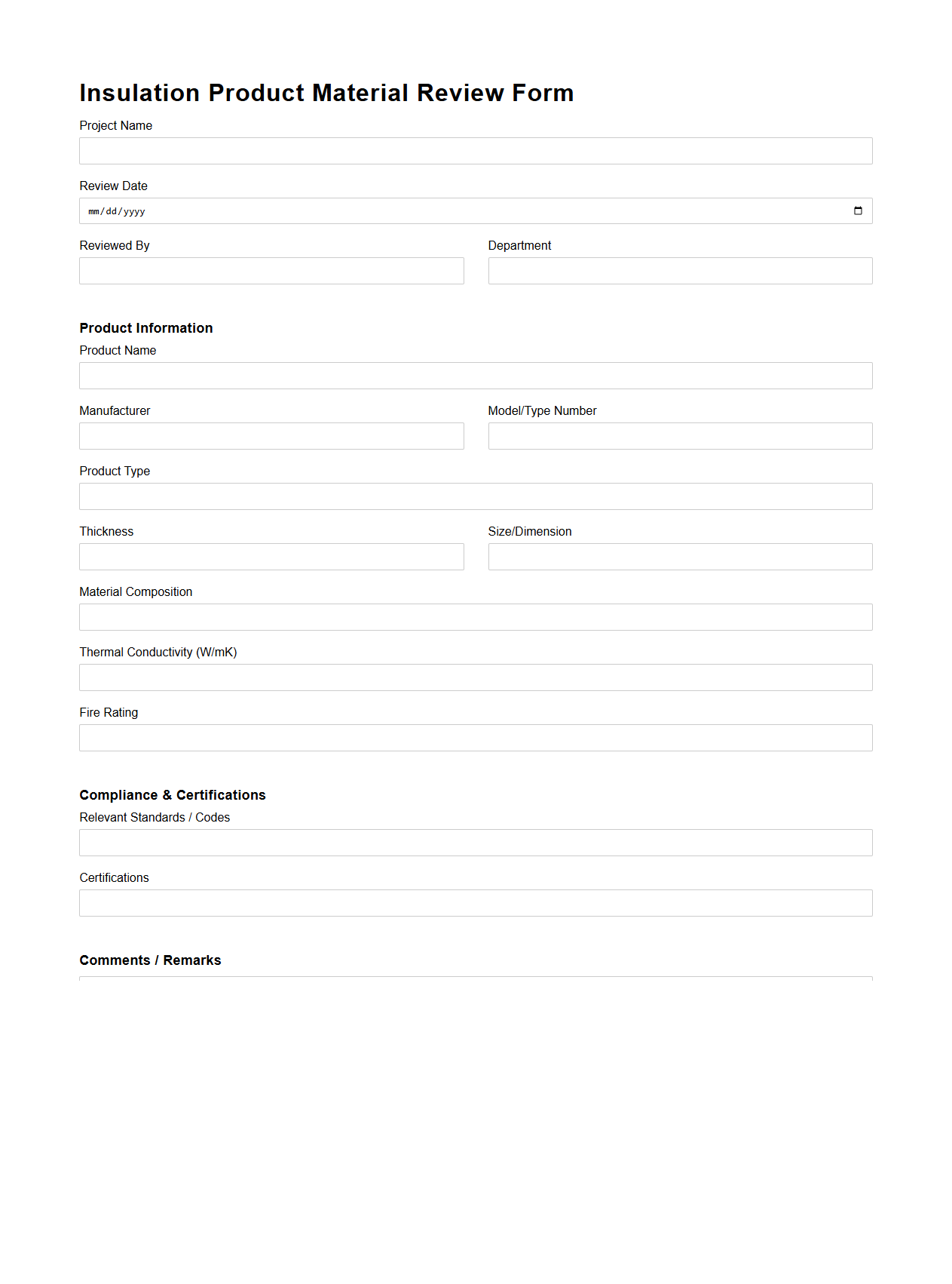 Insulation Product Material Review Form