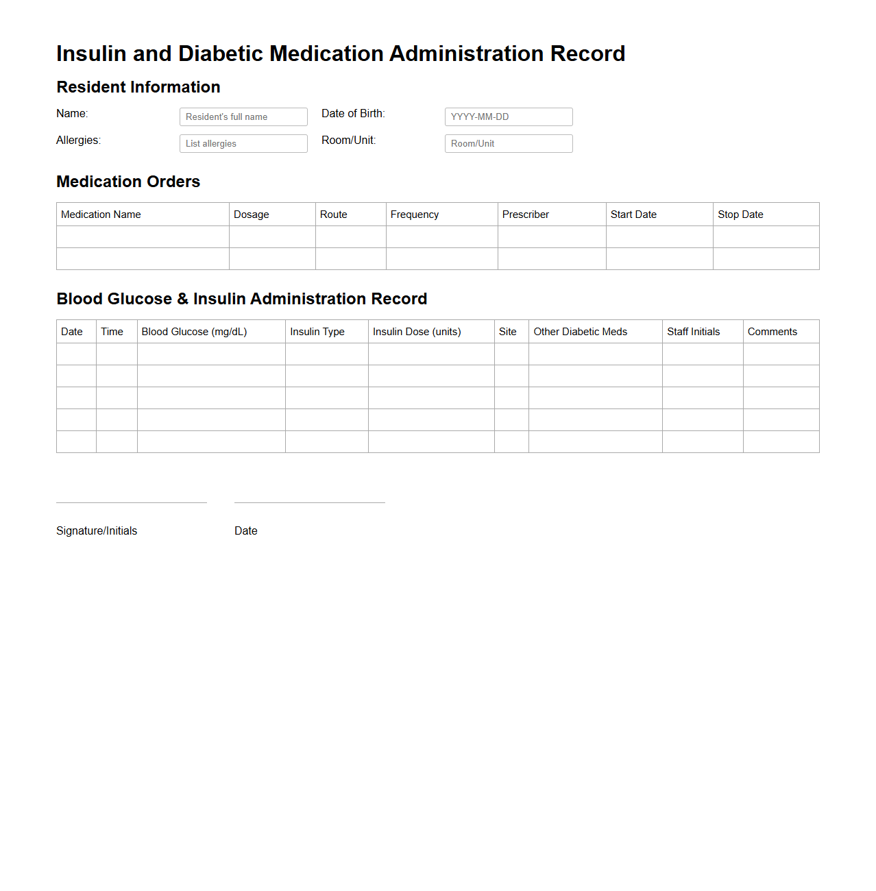 Insulin and Diabetic Medication Administration Record for Seniors