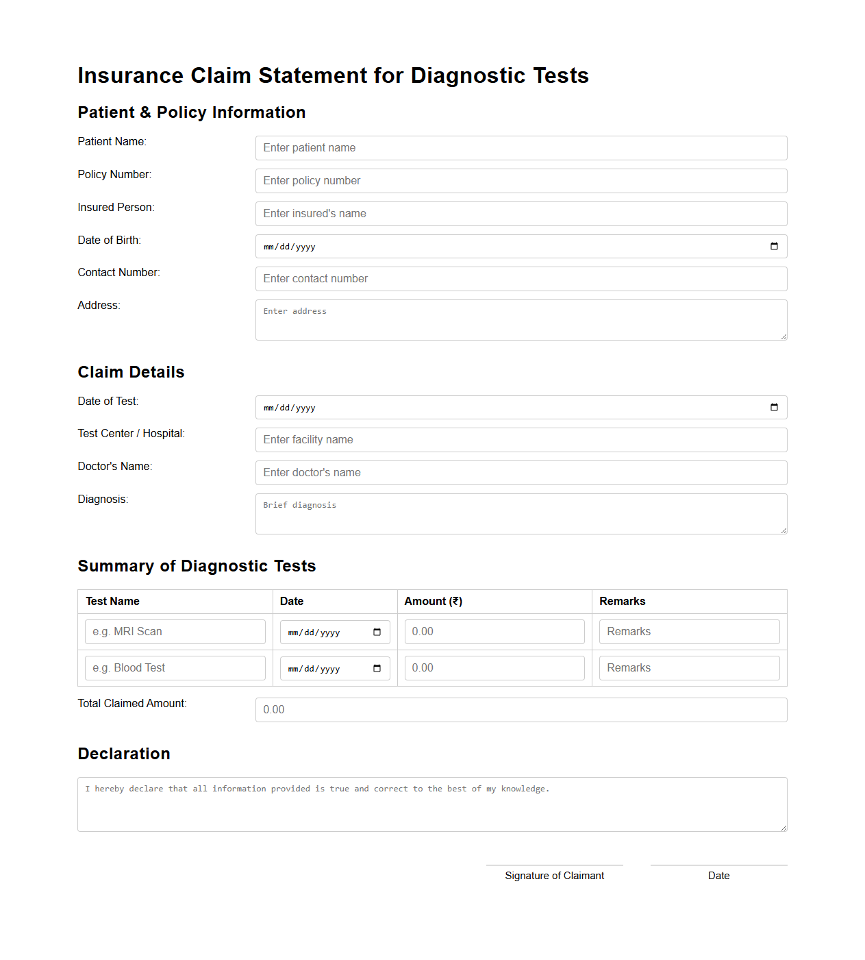 Insurance Claim Statement for Diagnostic Tests