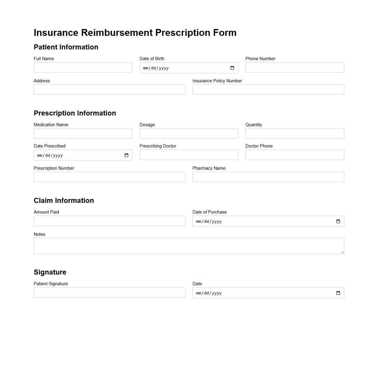 Insurance Reimbursement Prescription Form Example