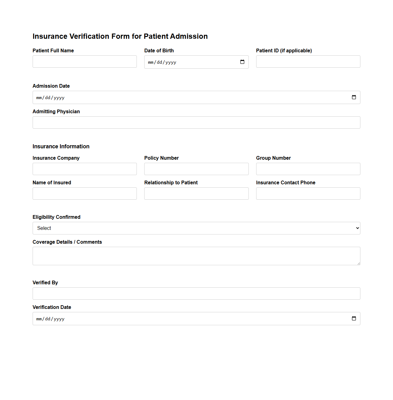 Insurance Verification Form for Patient Admission