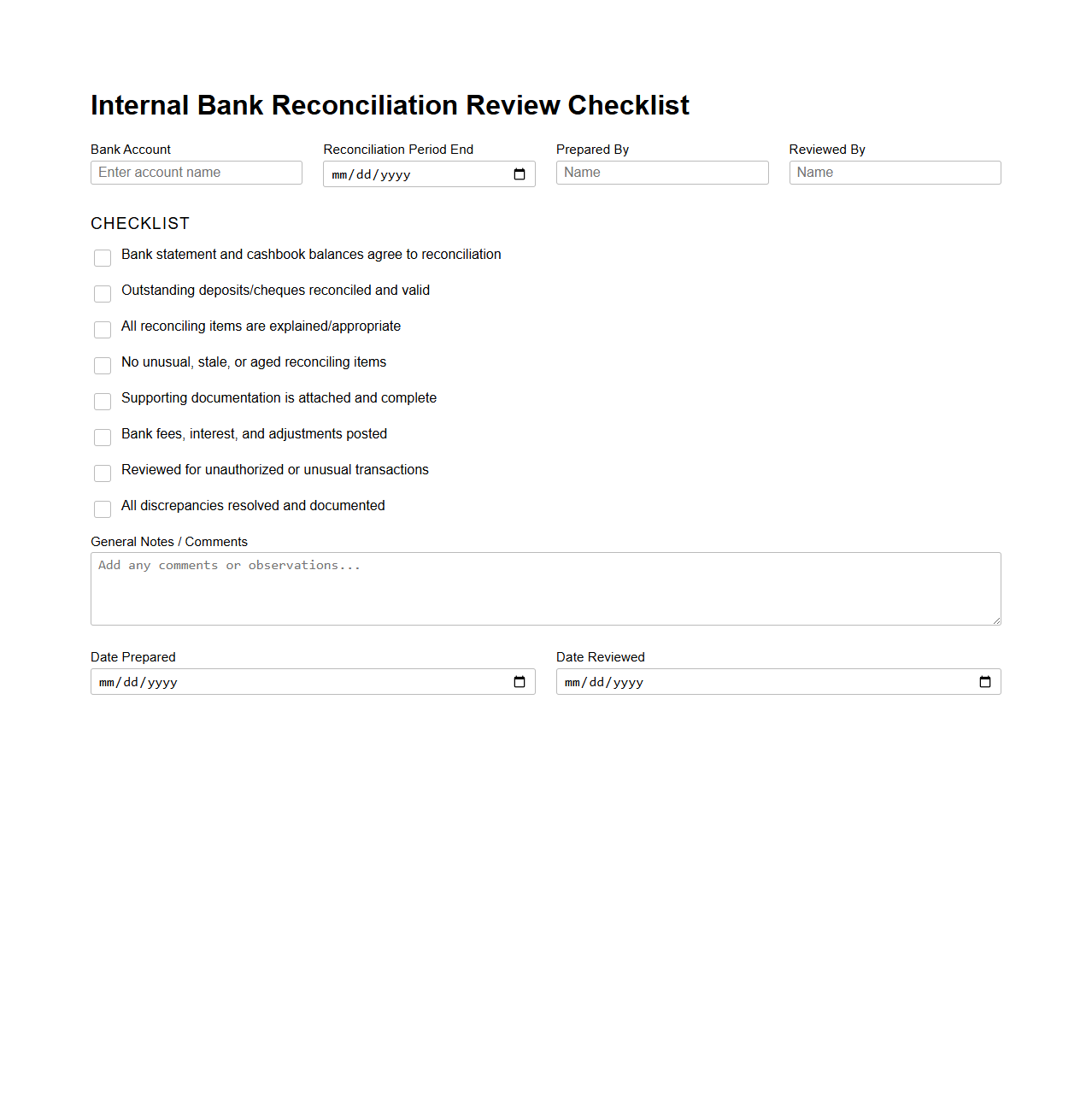 Internal Bank Reconciliation Review Checklist