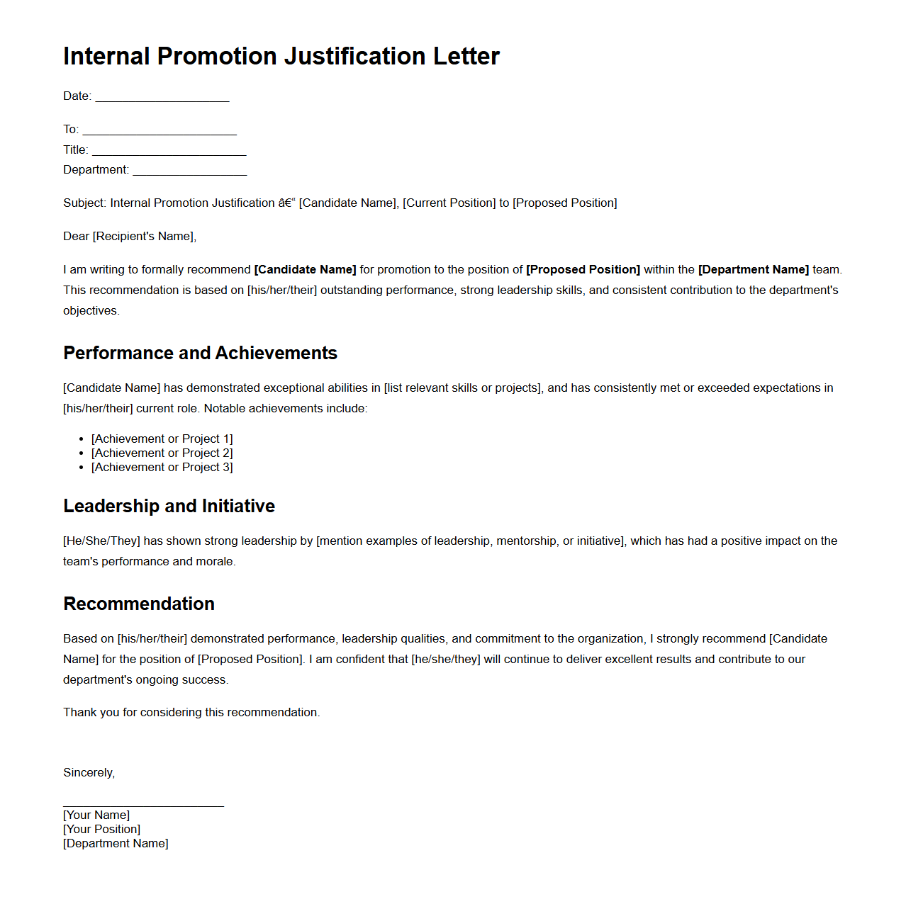 Internal Promotion Justification Letter Sample