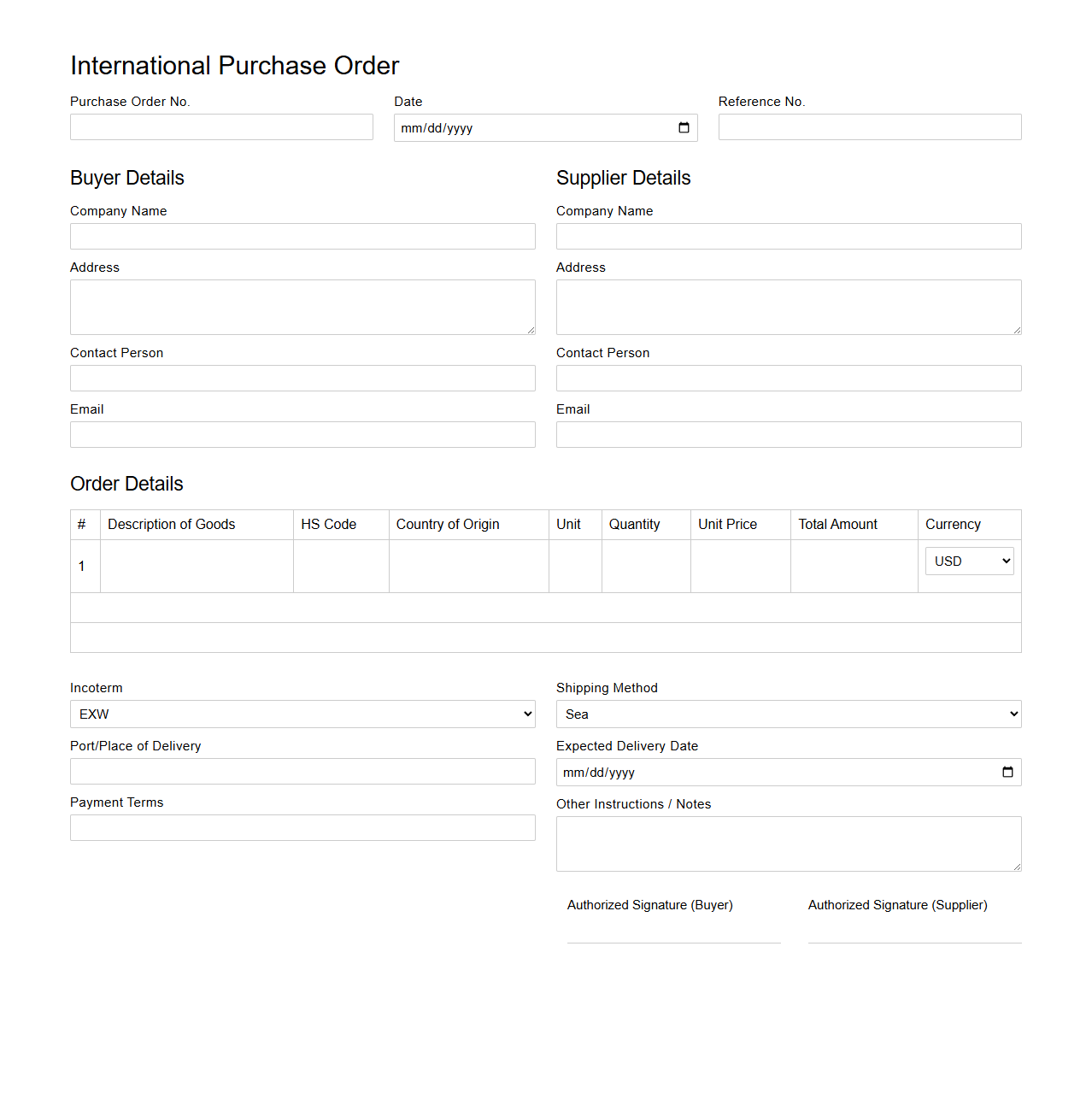 International Purchase Order Template for Cross-Border Trade