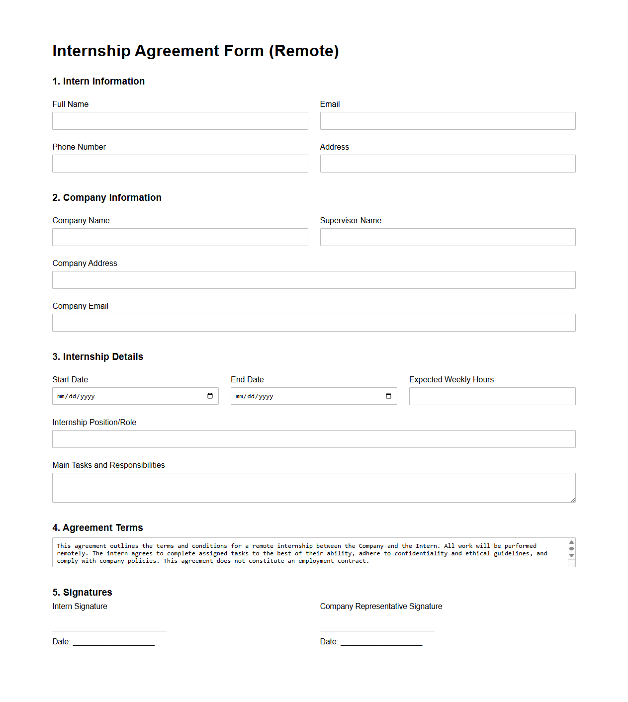 Internship Agreement Form for Remote Internships