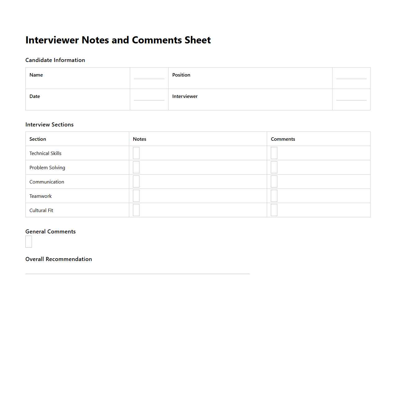 Interviewer Notes and Comments Sheet