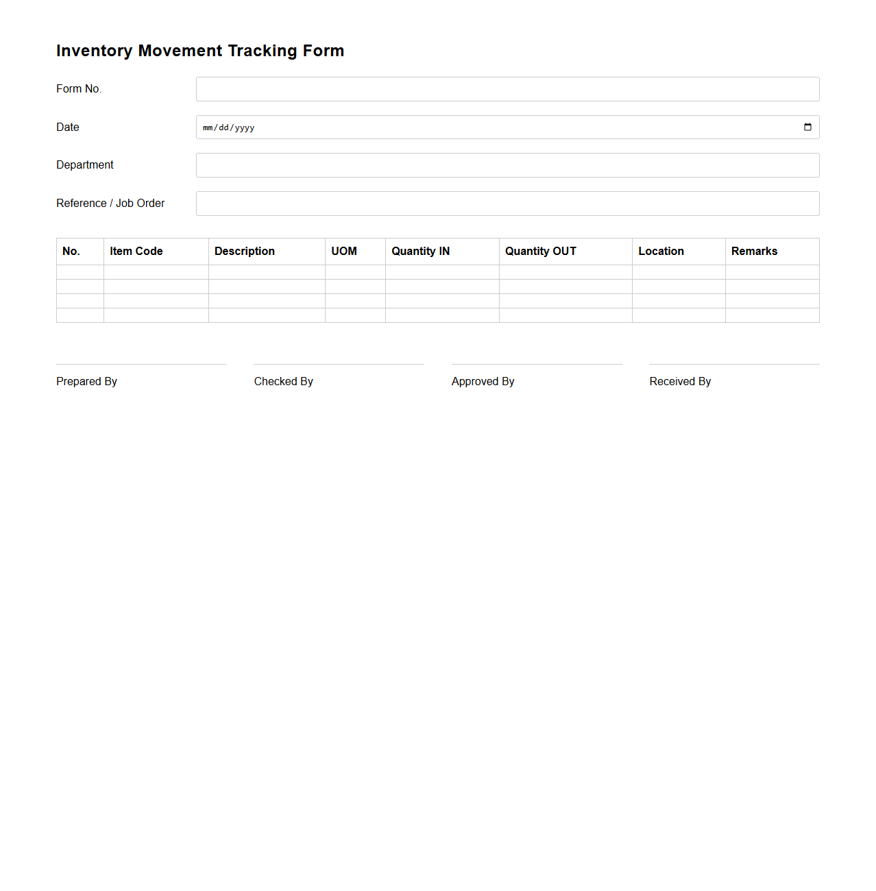 Inventory Movement Tracking Form for Manufacturing