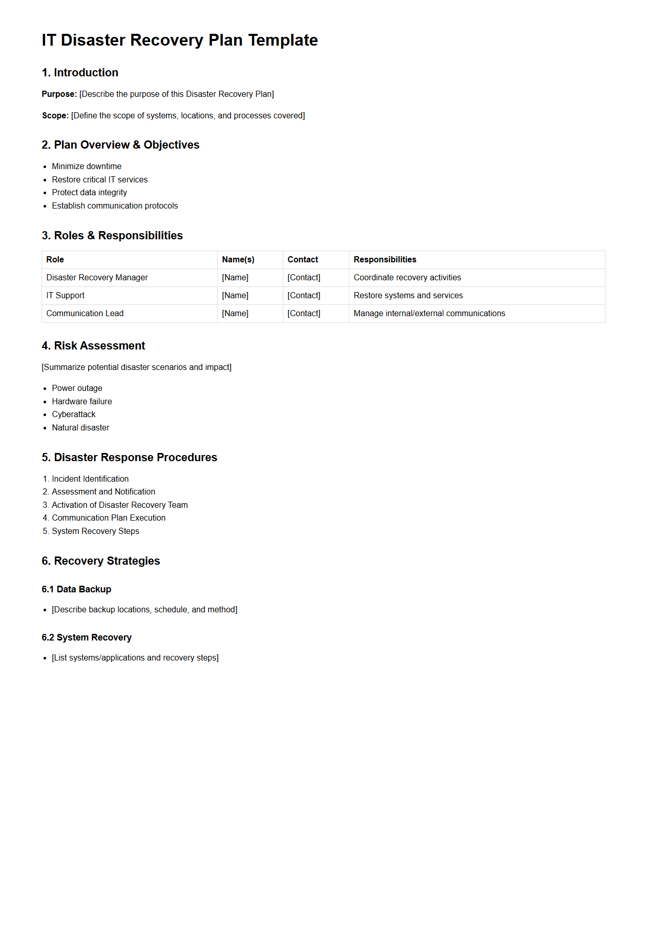 IT Disaster Recovery Plan Template