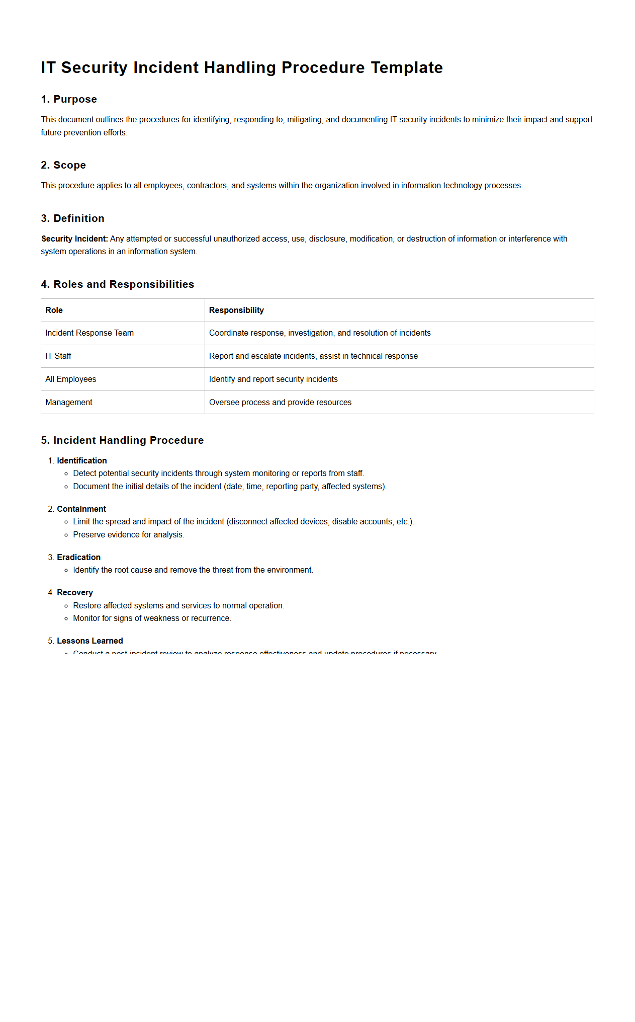 IT Security Incident Handling Procedure Template