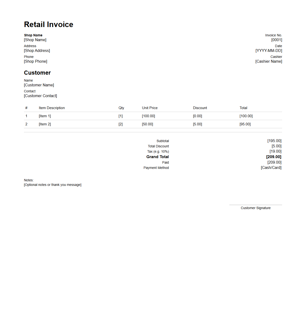 Itemized Retail Invoice for Physical Shops