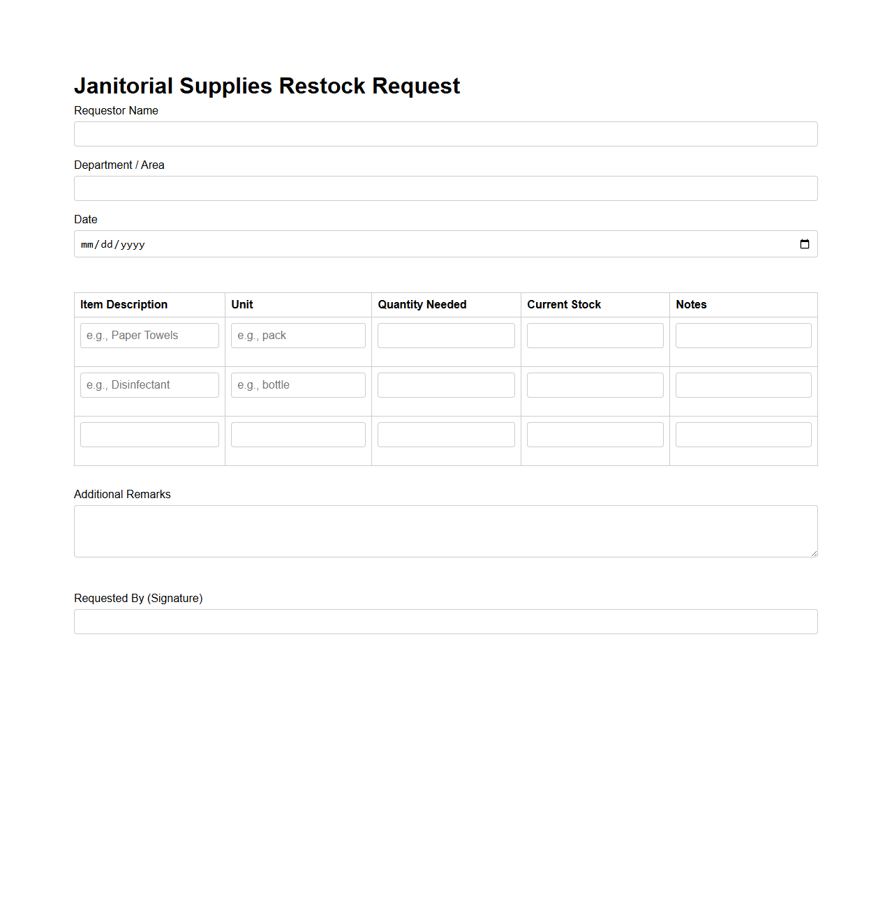 Janitorial Supplies Restock Request Sample