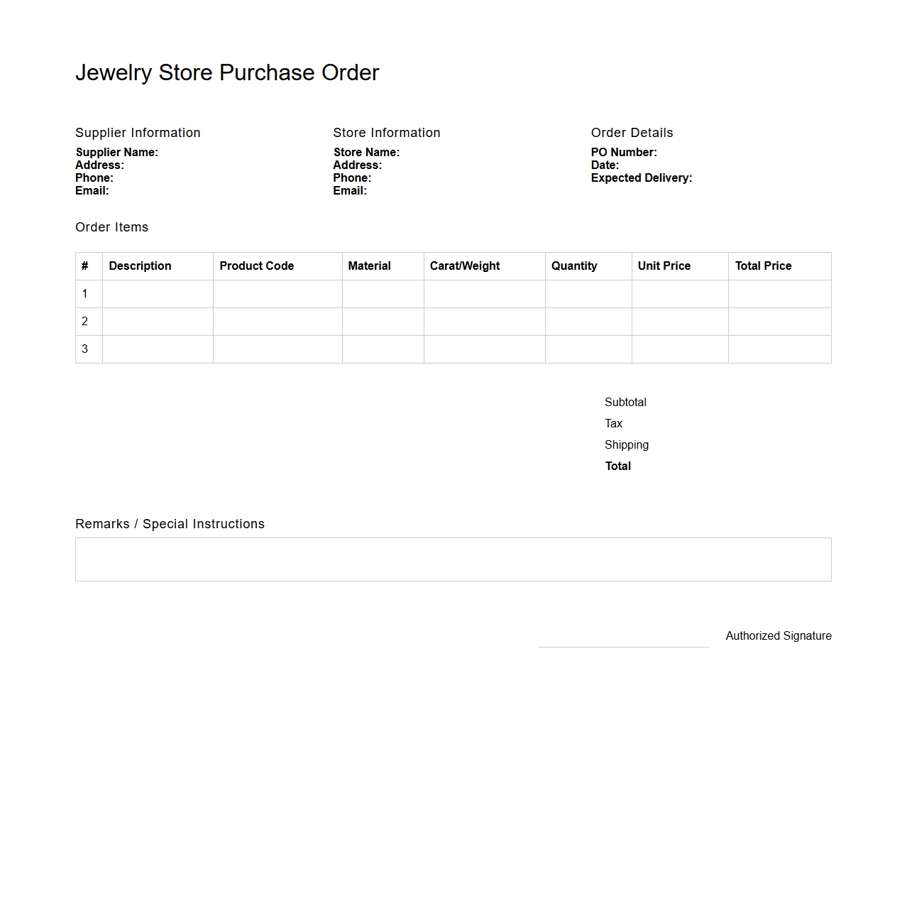 Jewelry Store Purchase Order Template