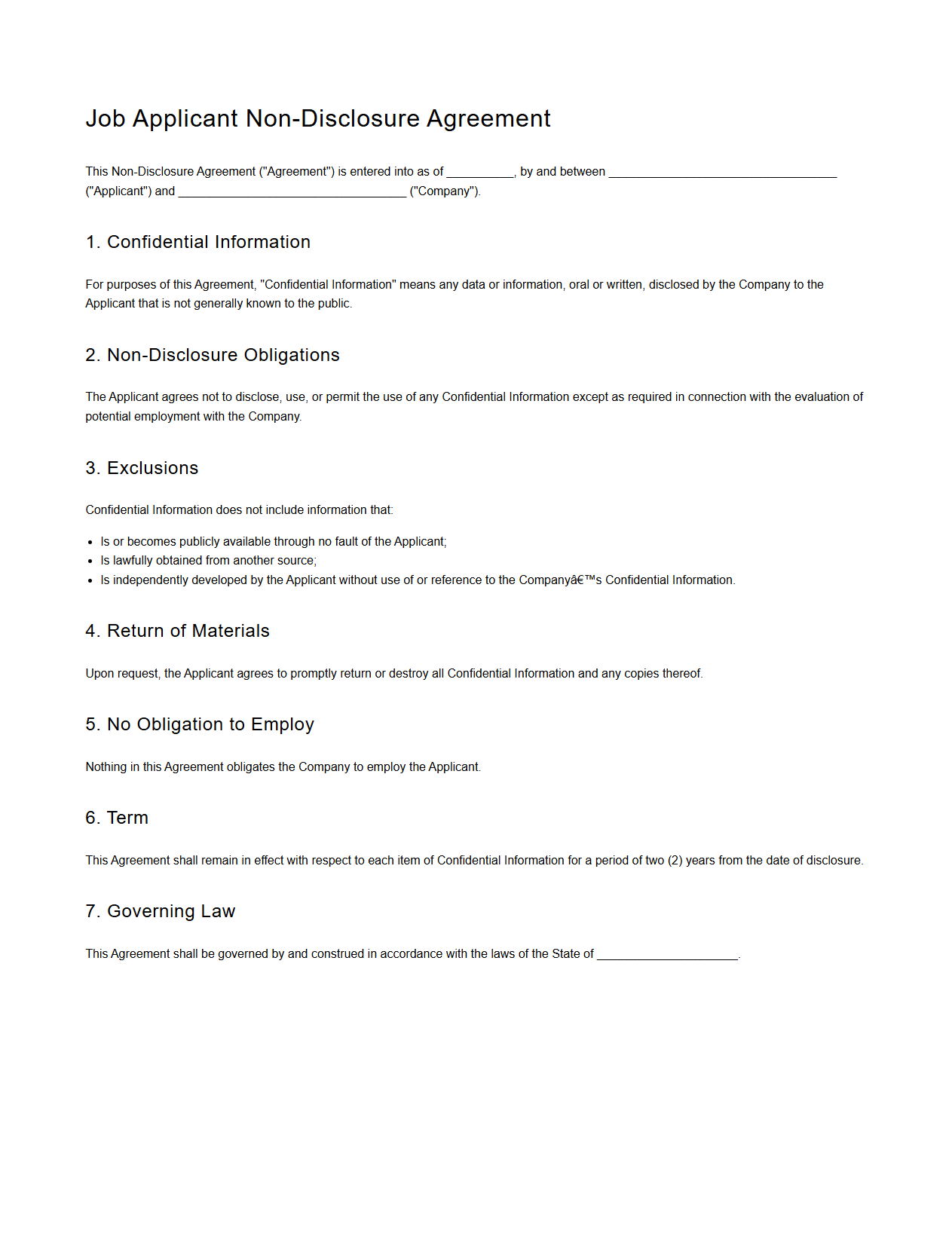 Job Applicant Non-Disclosure Agreement Sample