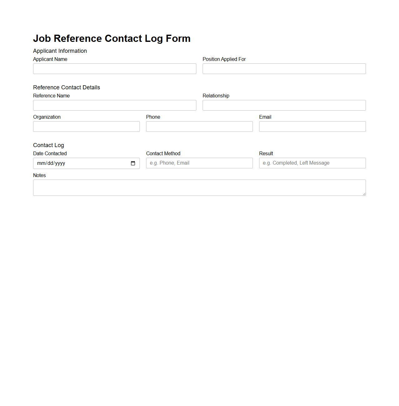 Job Reference Contact Log Form