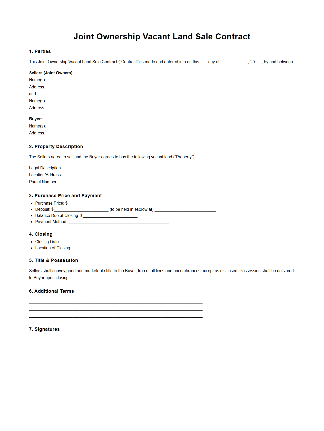 Joint Ownership Vacant Land Sale Contract