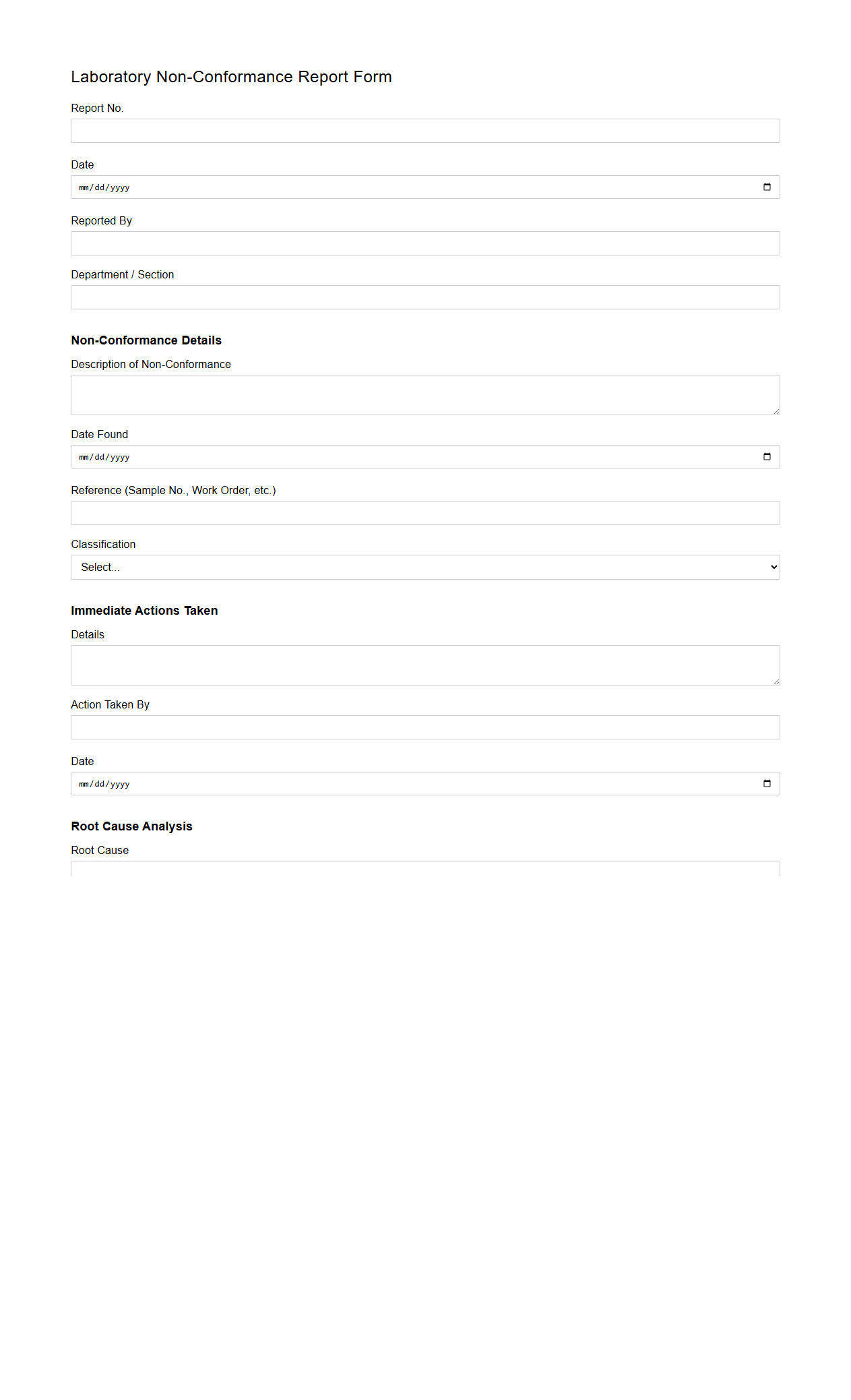 Laboratory Non-Conformance Report Form