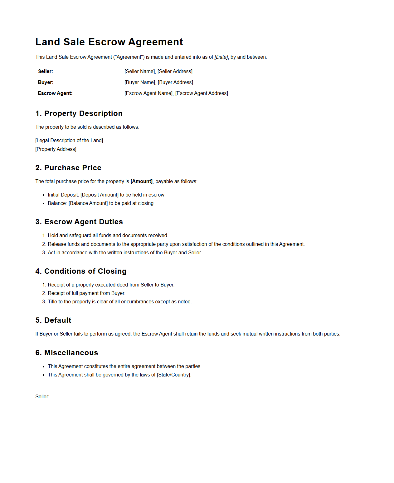 Land Sale Escrow Agreement Document Example
