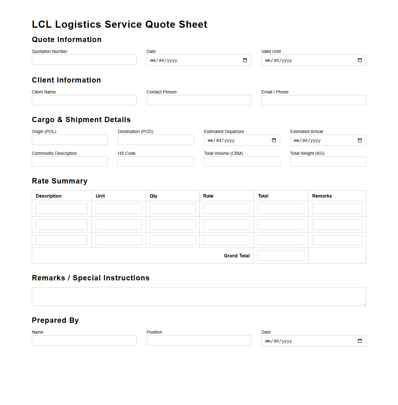 LCL Logistics Service Quote Sheet