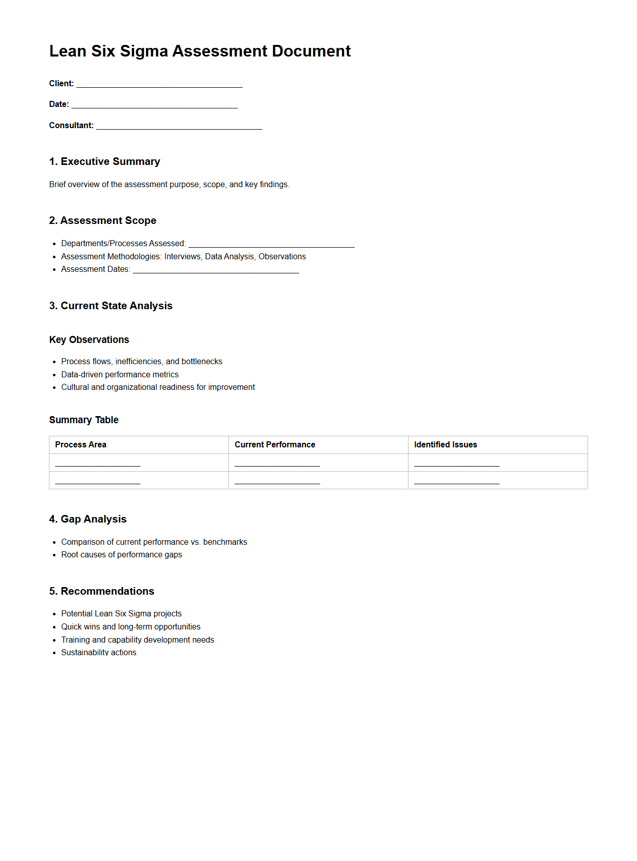 Lean Six Sigma Assessment Document Sample for Consulting