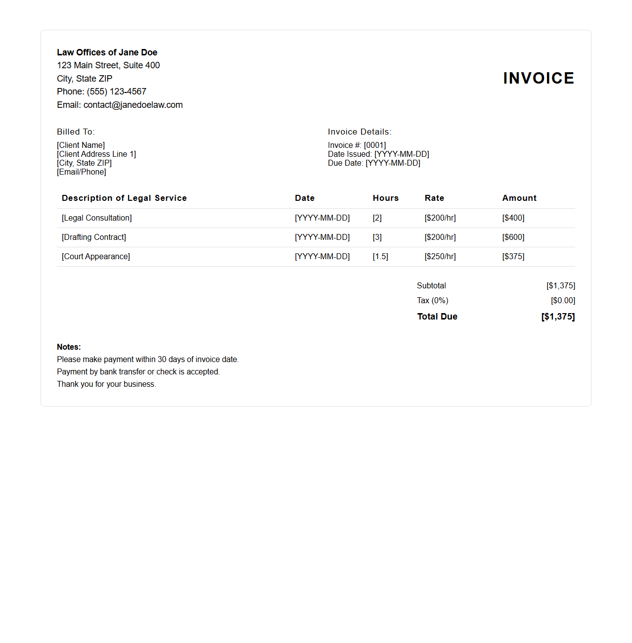 Legal Services Invoice Example