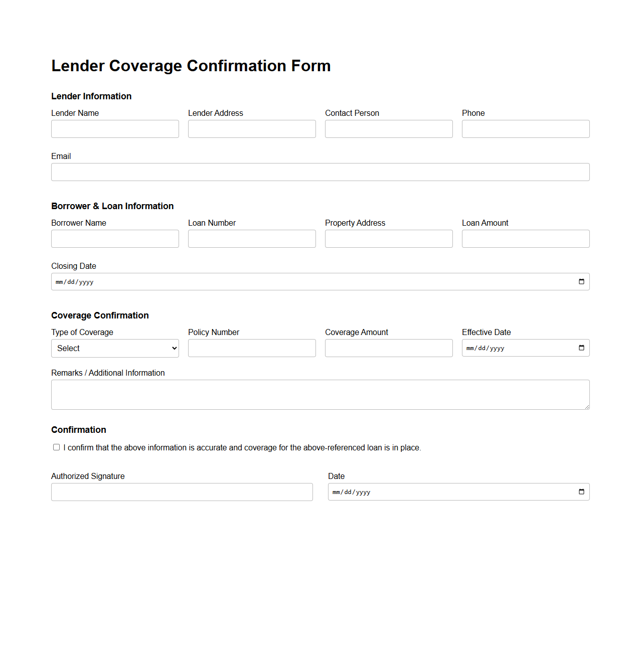 Lender Coverage Confirmation Form