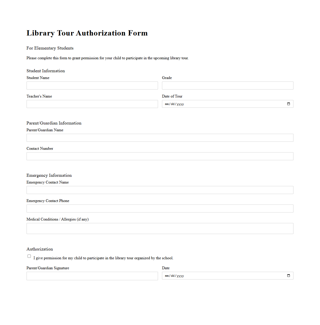 Library Tour Authorization Form for Elementary Students