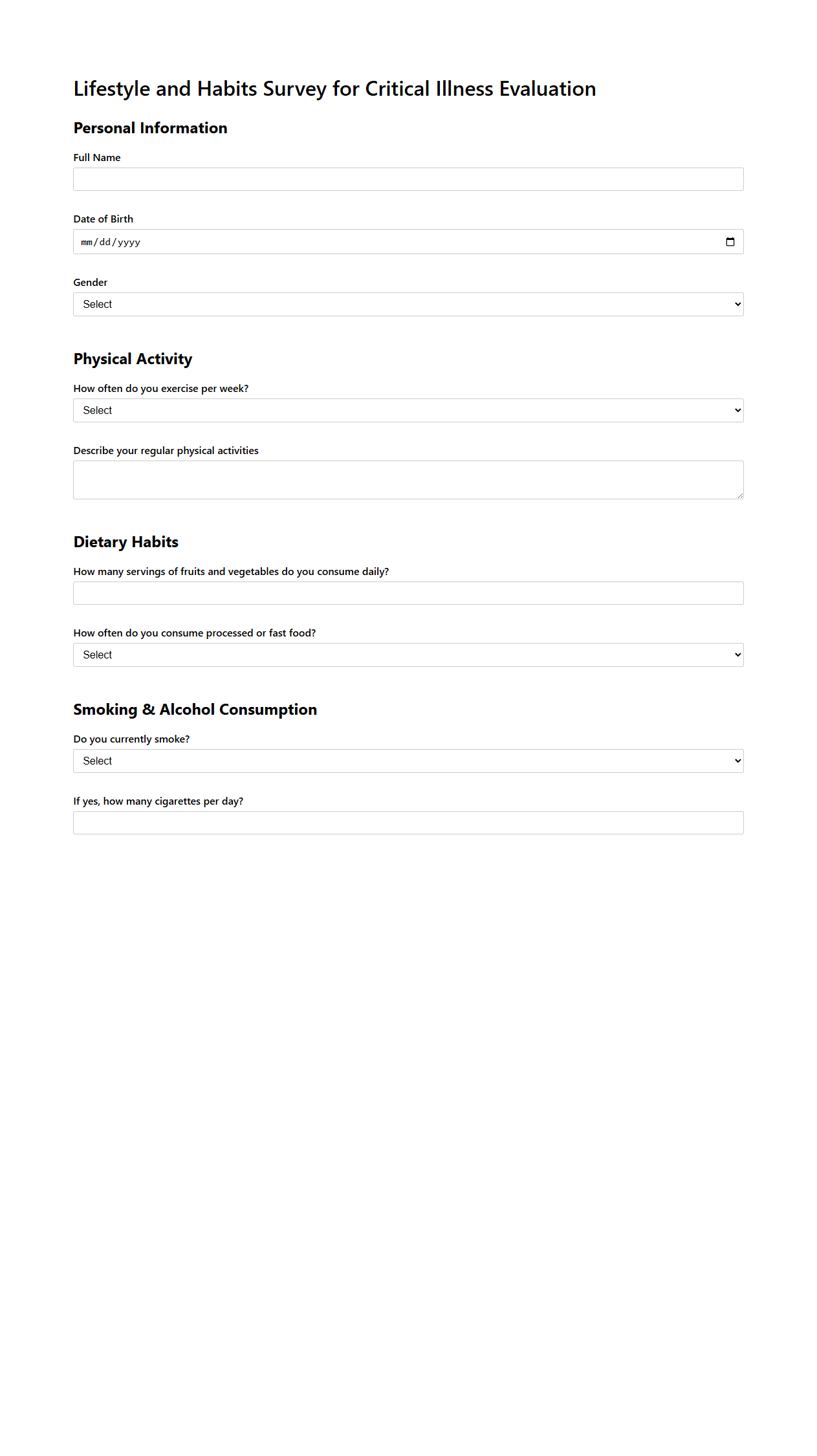 Lifestyle and Habits Survey for Critical Illness Evaluation