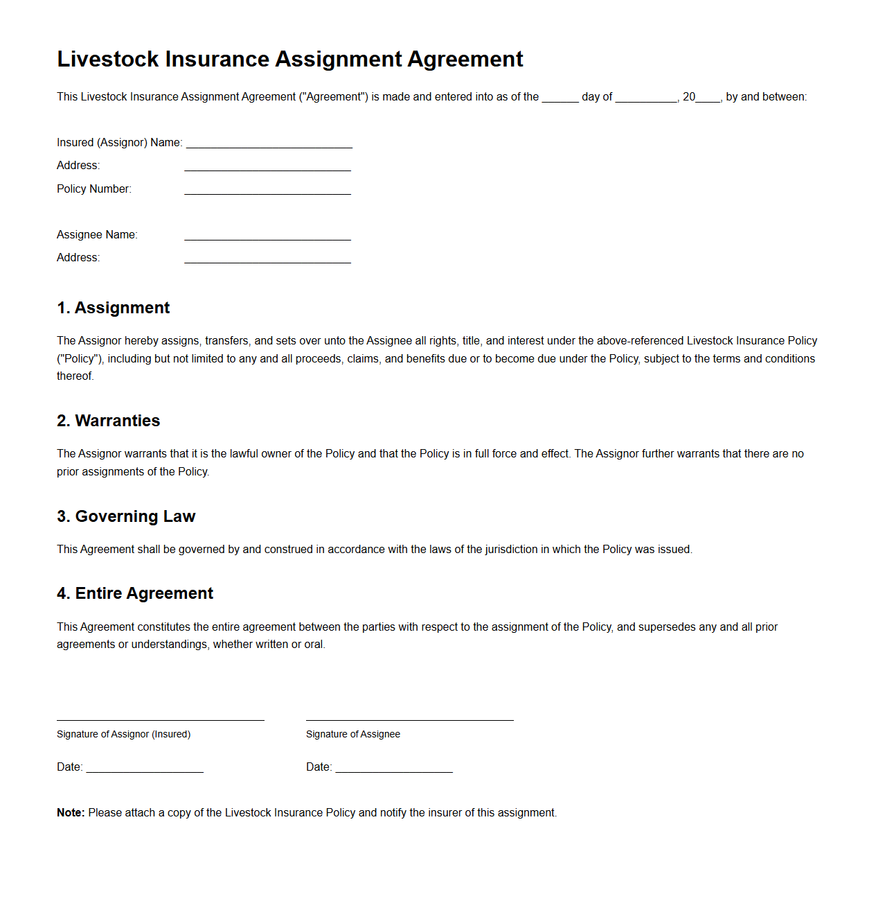 Livestock Insurance Assignment Agreement