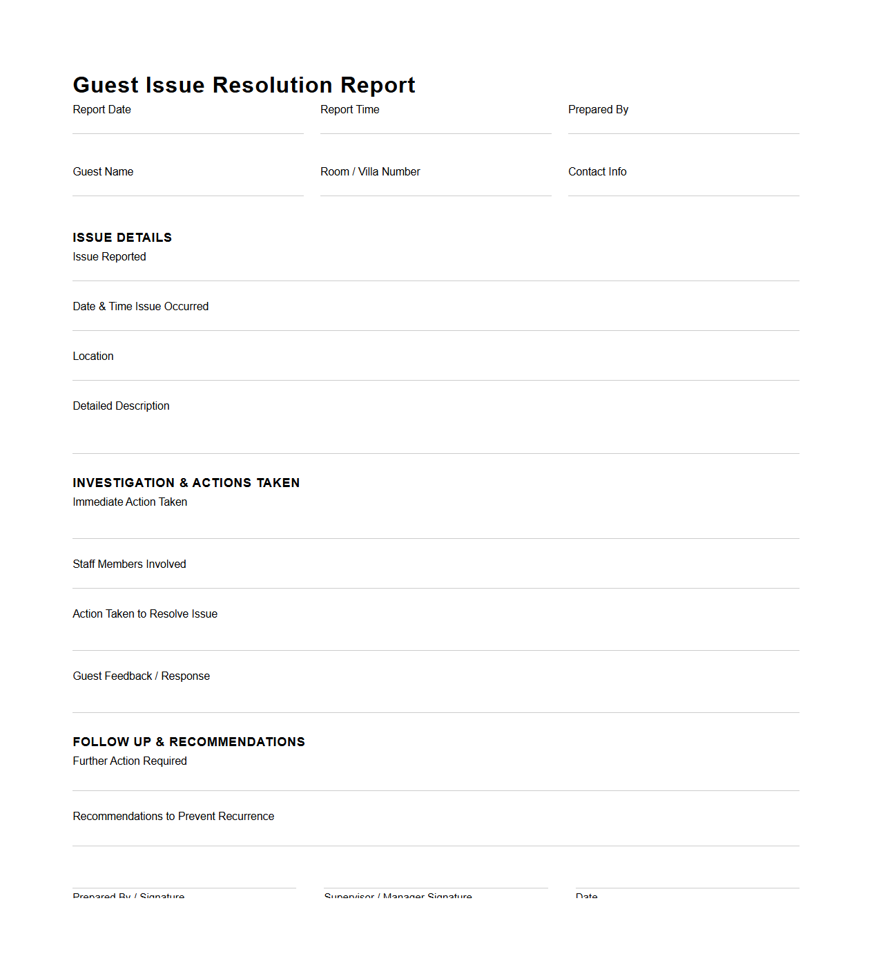 Luxury Resort Guest Issue Resolution Report Format