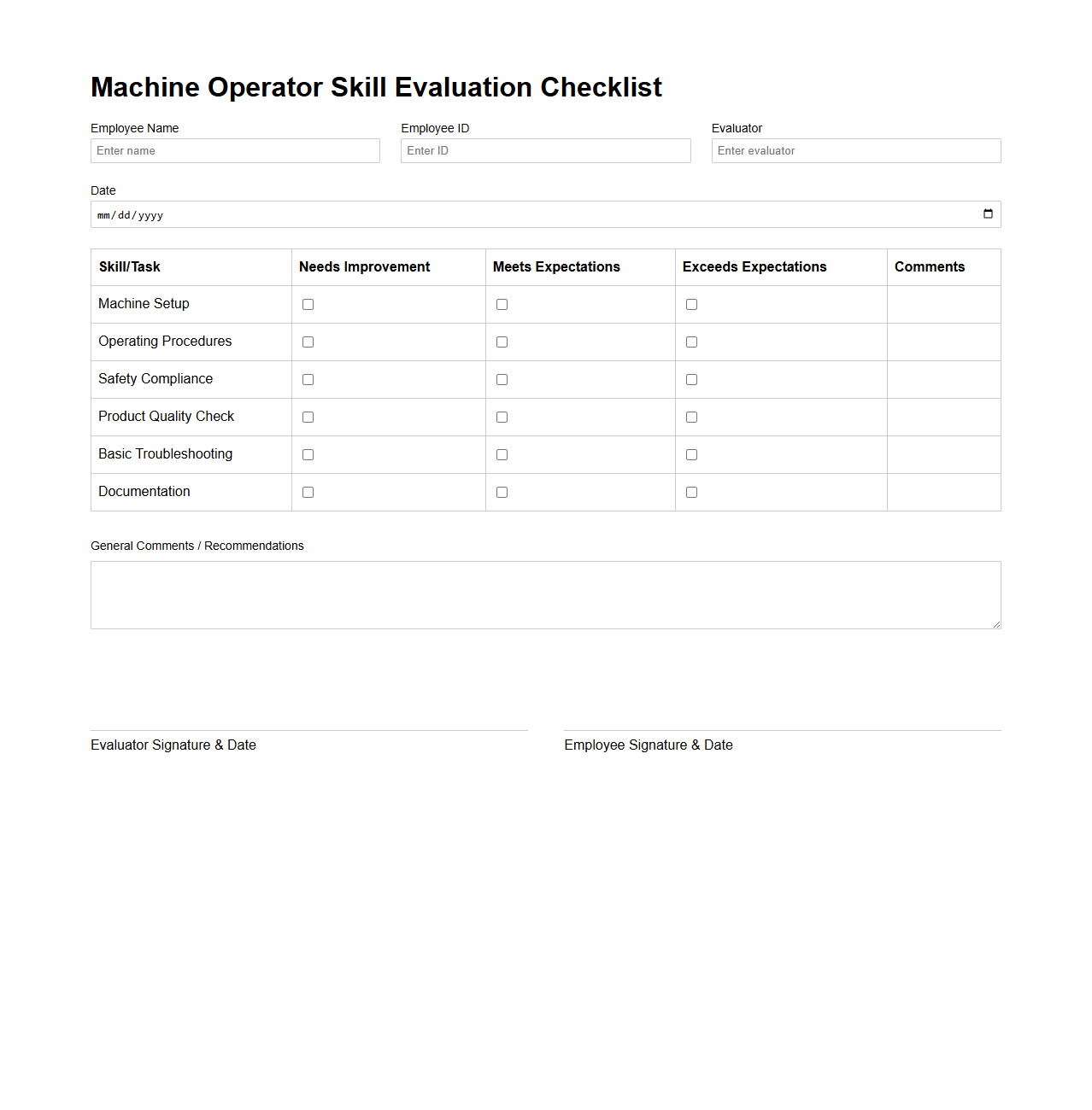 Machine Operator Skill Evaluation Checklist